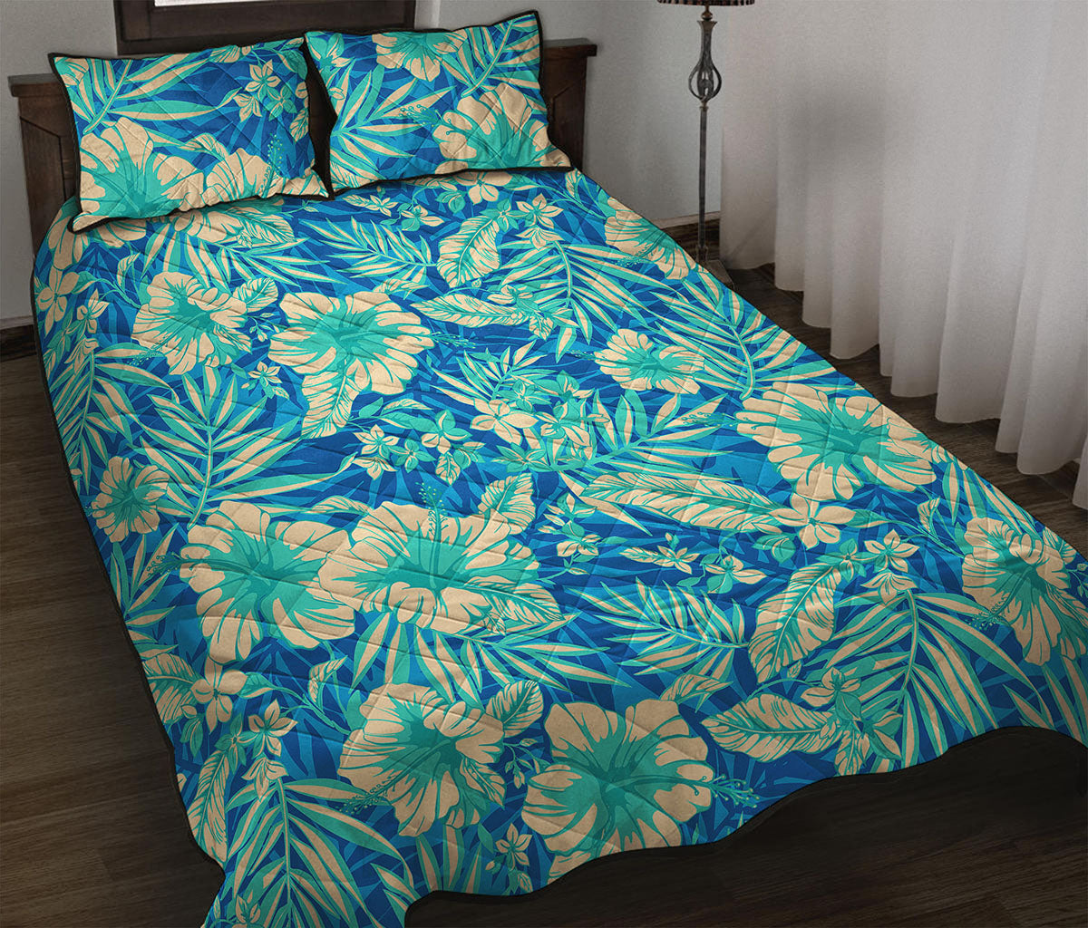 Blue Blossom Tropical Pattern Print Quilt Bed Set