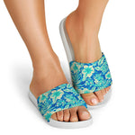 Blue Blossom Tropical Pattern Print White Slide Sandals