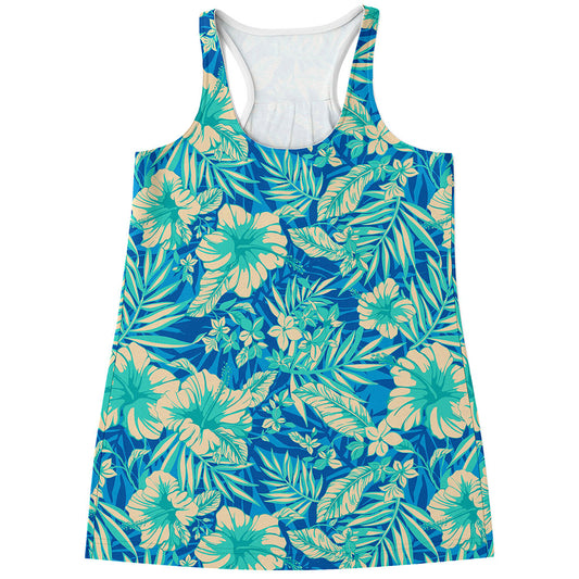 Blue Blossom Tropical Pattern Print Women's Racerback Tank Top