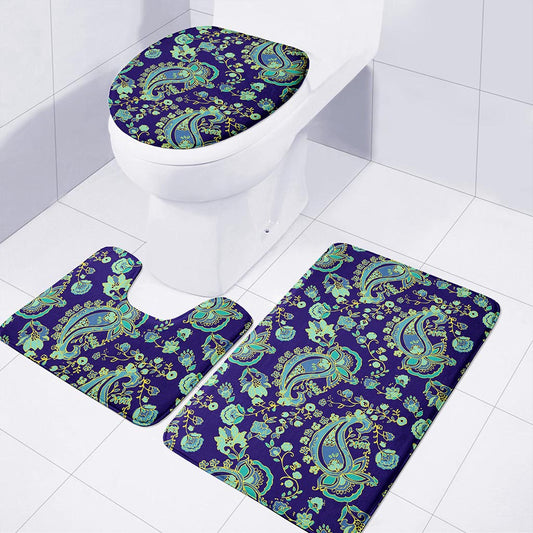 Blue Bohemian Paisley Pattern Print 3 Piece Bath Mat Set