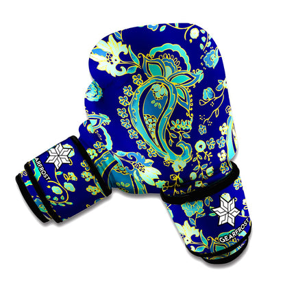 Blue Bohemian Paisley Pattern Print Boxing Gloves