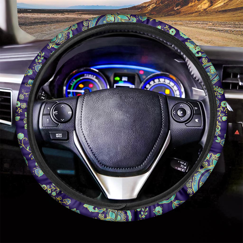 Blue Bohemian Paisley Pattern Print Car Steering Wheel Cover