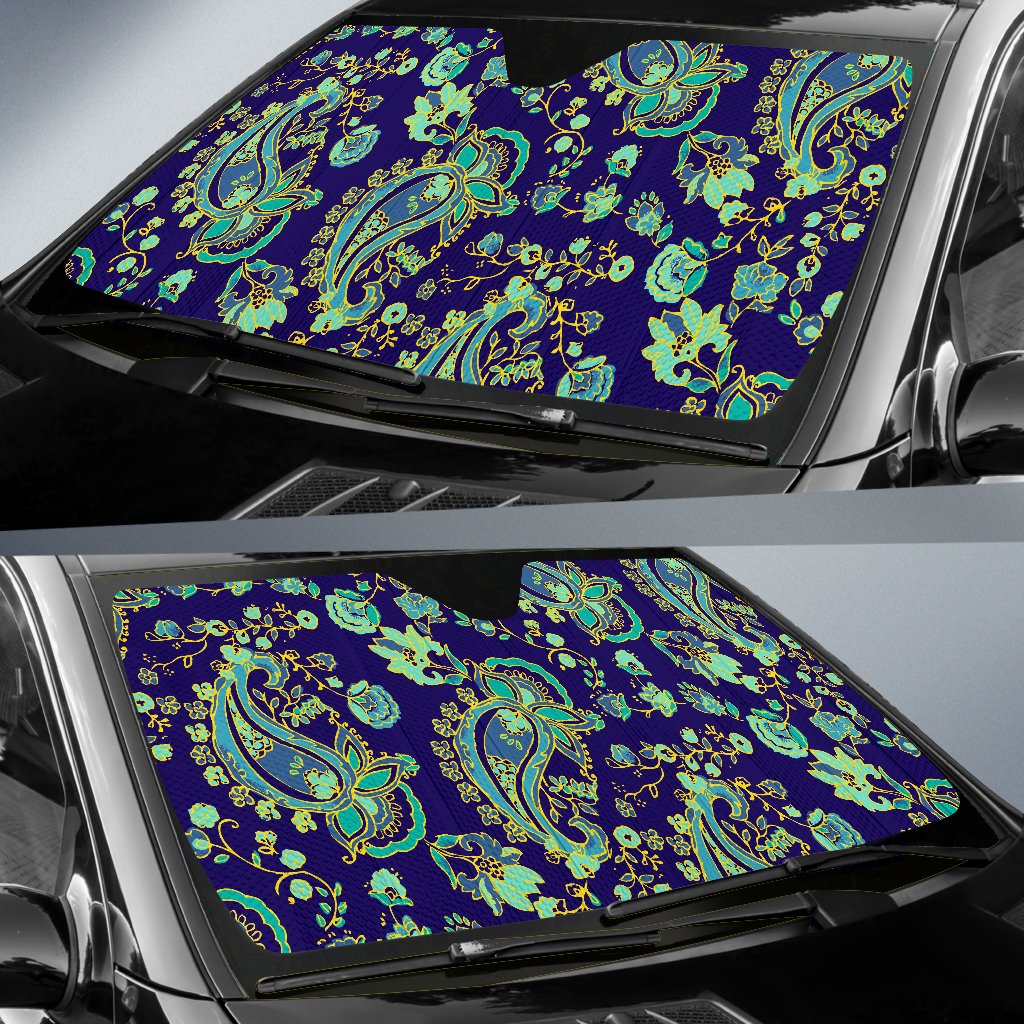 Blue Bohemian Paisley Pattern Print Car Sun Shade GearFrost