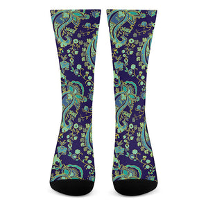 Blue Bohemian Paisley Pattern Print Crew Socks