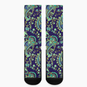 Blue Bohemian Paisley Pattern Print Crew Socks