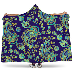 Blue Bohemian Paisley Pattern Print Hooded Blanket