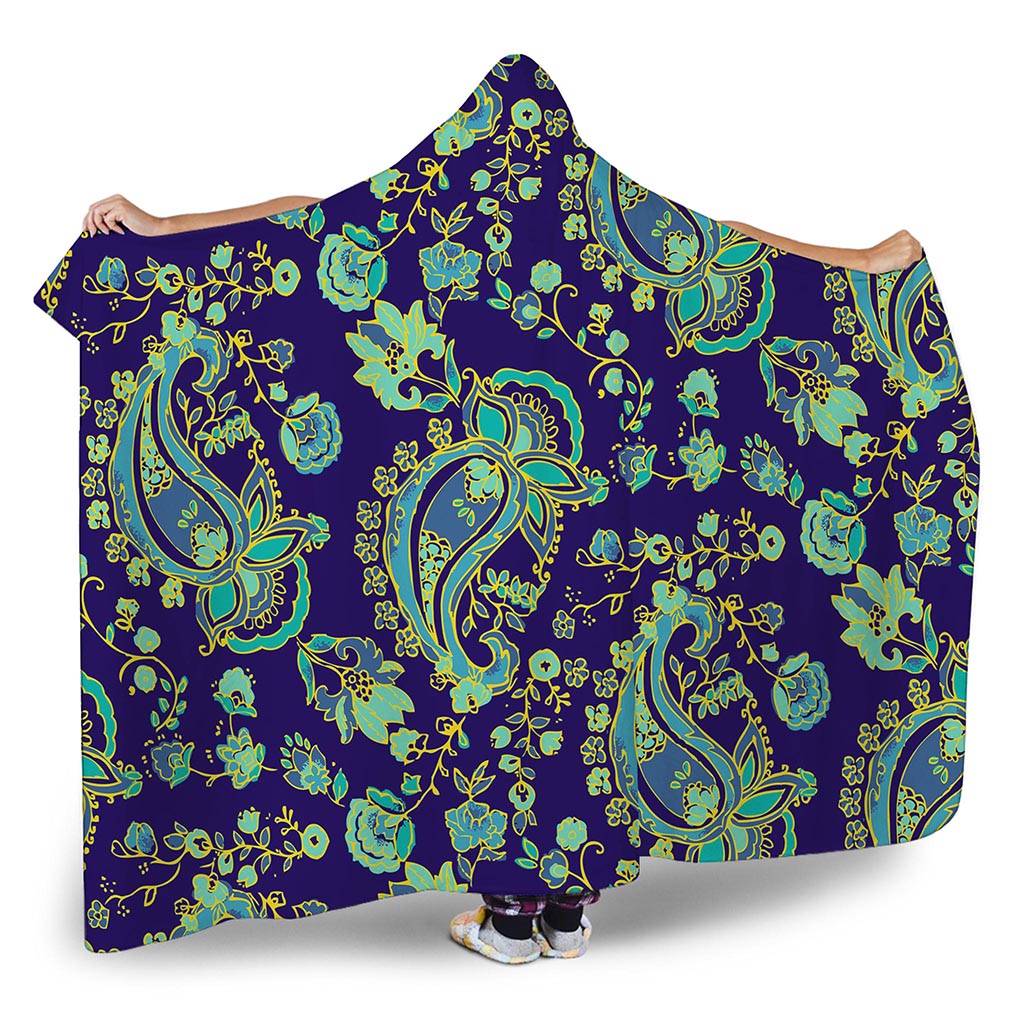 Blue Bohemian Paisley Pattern Print Hooded Blanket