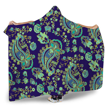 Blue Bohemian Paisley Pattern Print Hooded Blanket