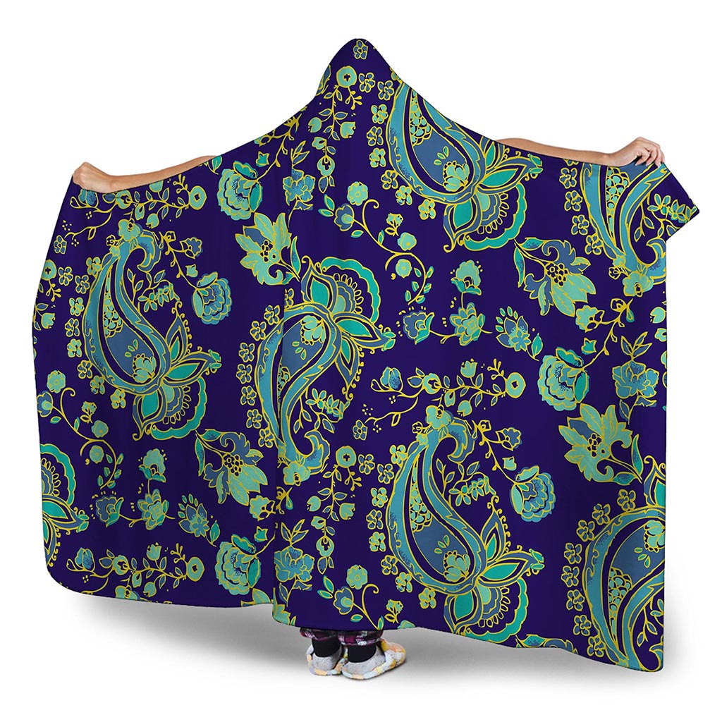 Blue Bohemian Paisley Pattern Print Hooded Blanket