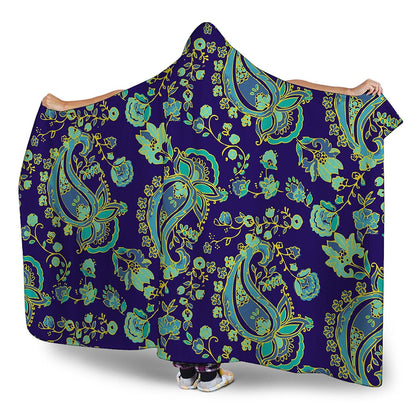 Blue Bohemian Paisley Pattern Print Hooded Blanket