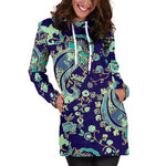 Blue Bohemian Paisley Pattern Print Hoodie Dress GearFrost