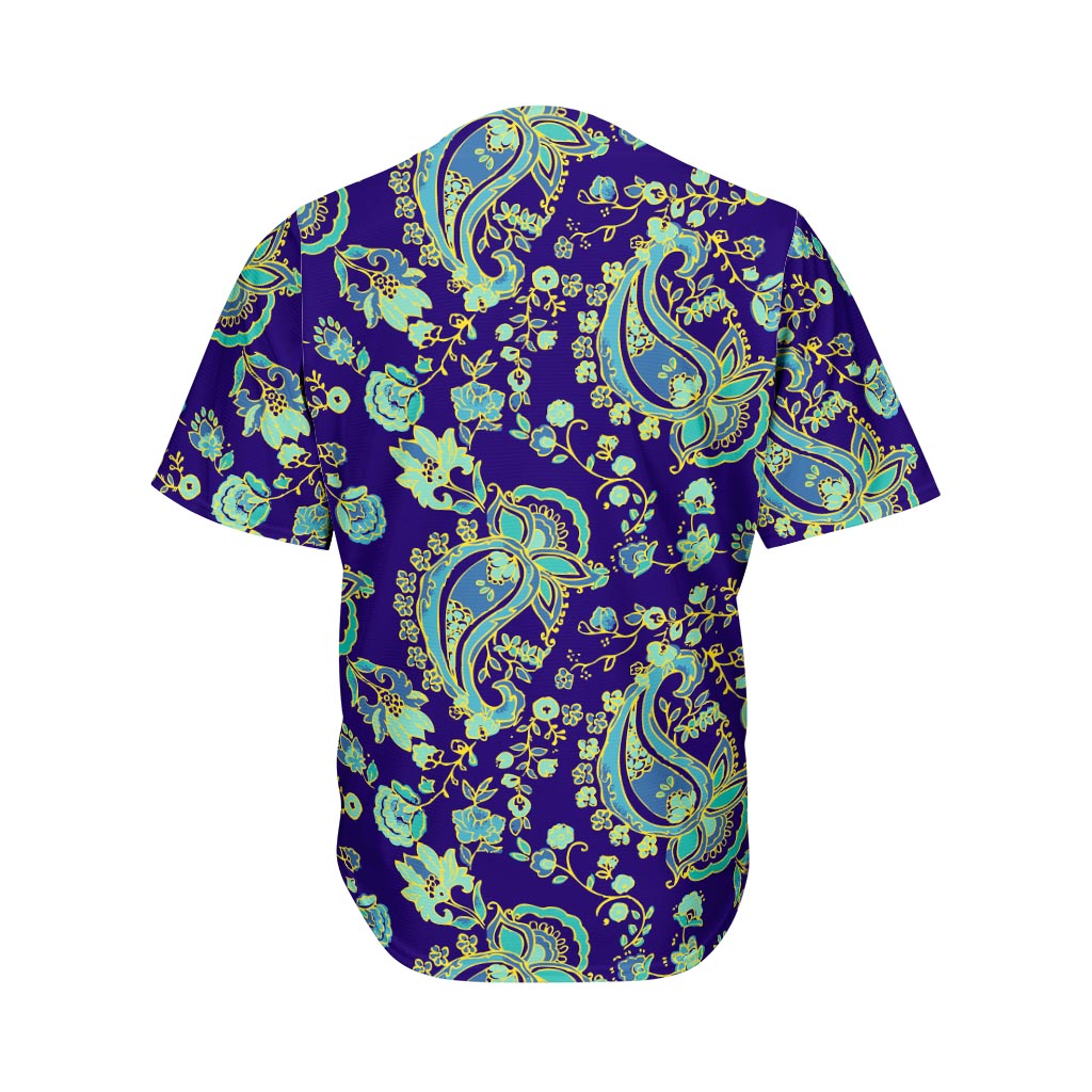 Blue Bohemian Paisley Pattern Print Men's Baseball Jersey