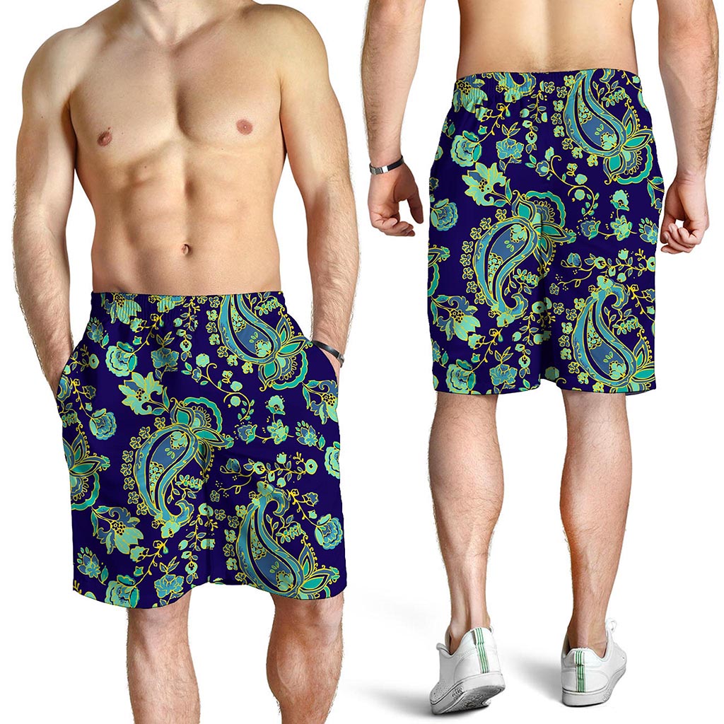 Blue Bohemian Paisley Pattern Print Men's Shorts