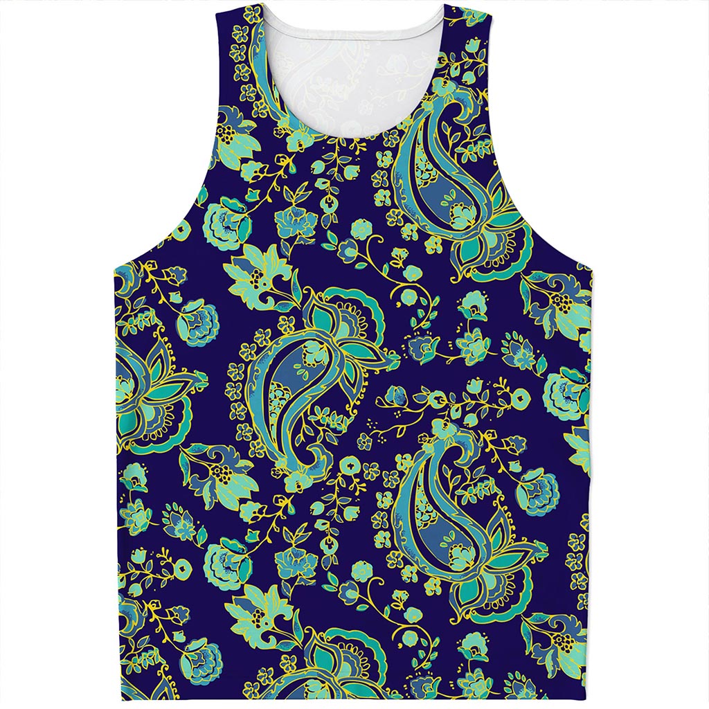 Blue Bohemian Paisley Pattern Print Men's Tank Top