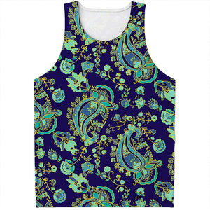 Blue Bohemian Paisley Pattern Print Men's Tank Top