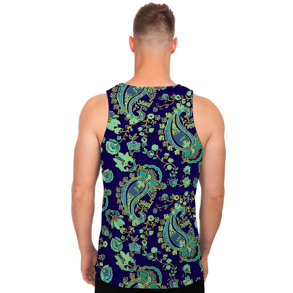 Blue Bohemian Paisley Pattern Print Men's Tank Top