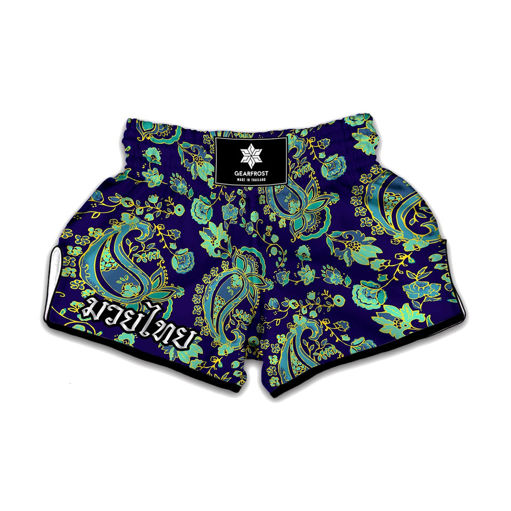 Blue Bohemian Paisley Pattern Print Muay Thai Boxing Shorts