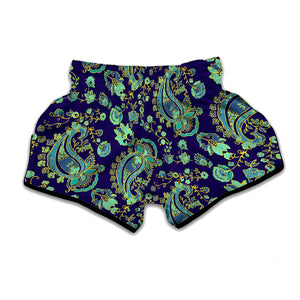 Blue Bohemian Paisley Pattern Print Muay Thai Boxing Shorts