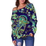 Blue Bohemian Paisley Pattern Print Off Shoulder Sweatshirt GearFrost