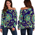 Blue Bohemian Paisley Pattern Print Off The Shoulder Sweatshirt