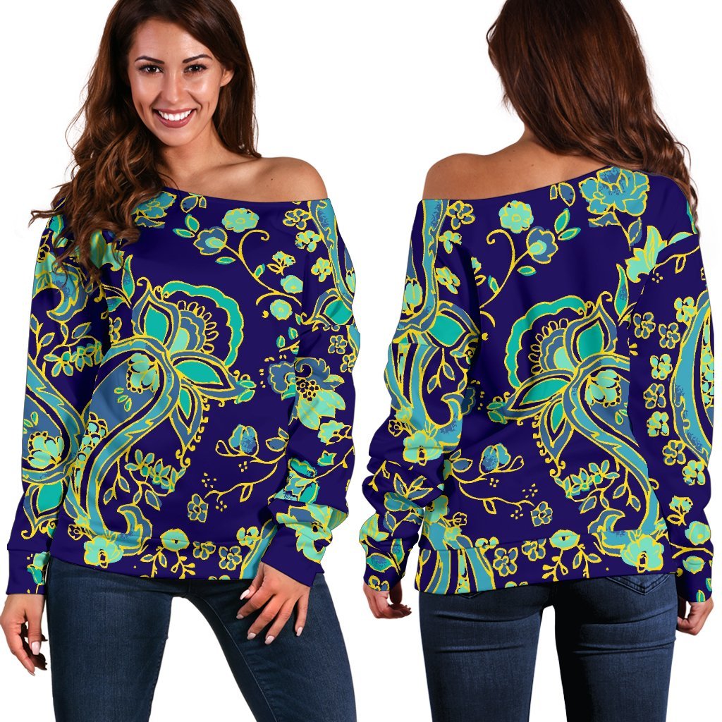 Blue Bohemian Paisley Pattern Print Off Shoulder Sweatshirt GearFrost