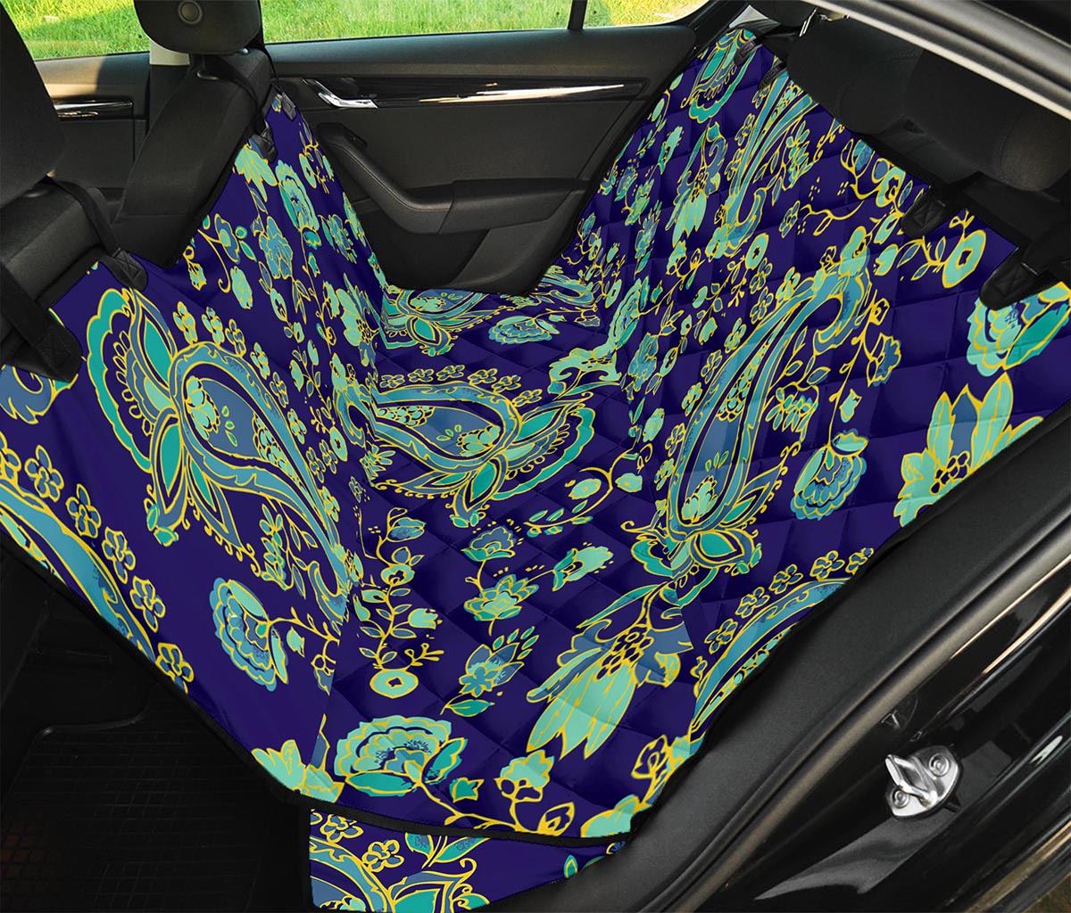 Blue Bohemian Paisley Pattern Print Pet Car Back Seat Cover