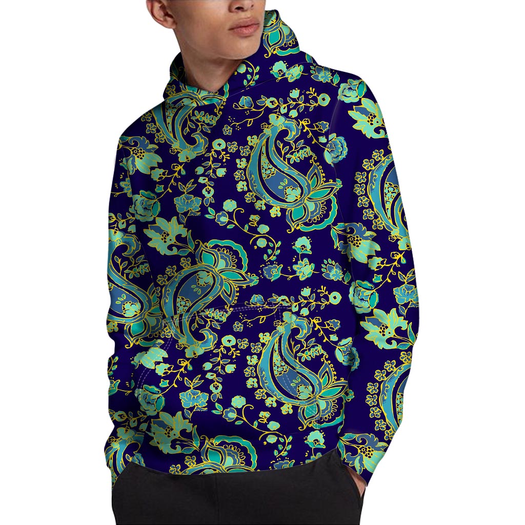 Blue Bohemian Paisley Pattern Print Pullover Hoodie