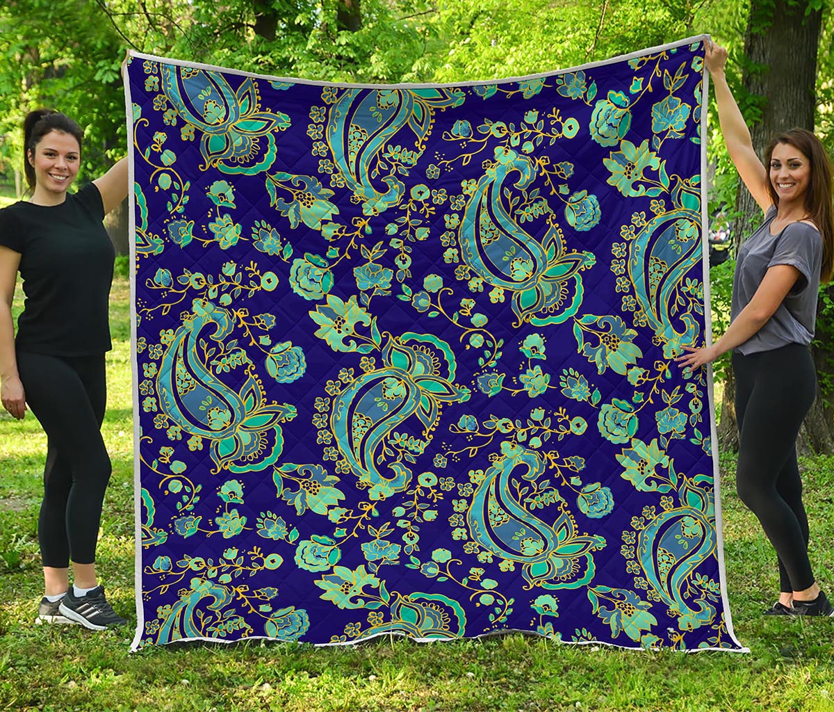 Blue Bohemian Paisley Pattern Print Quilt