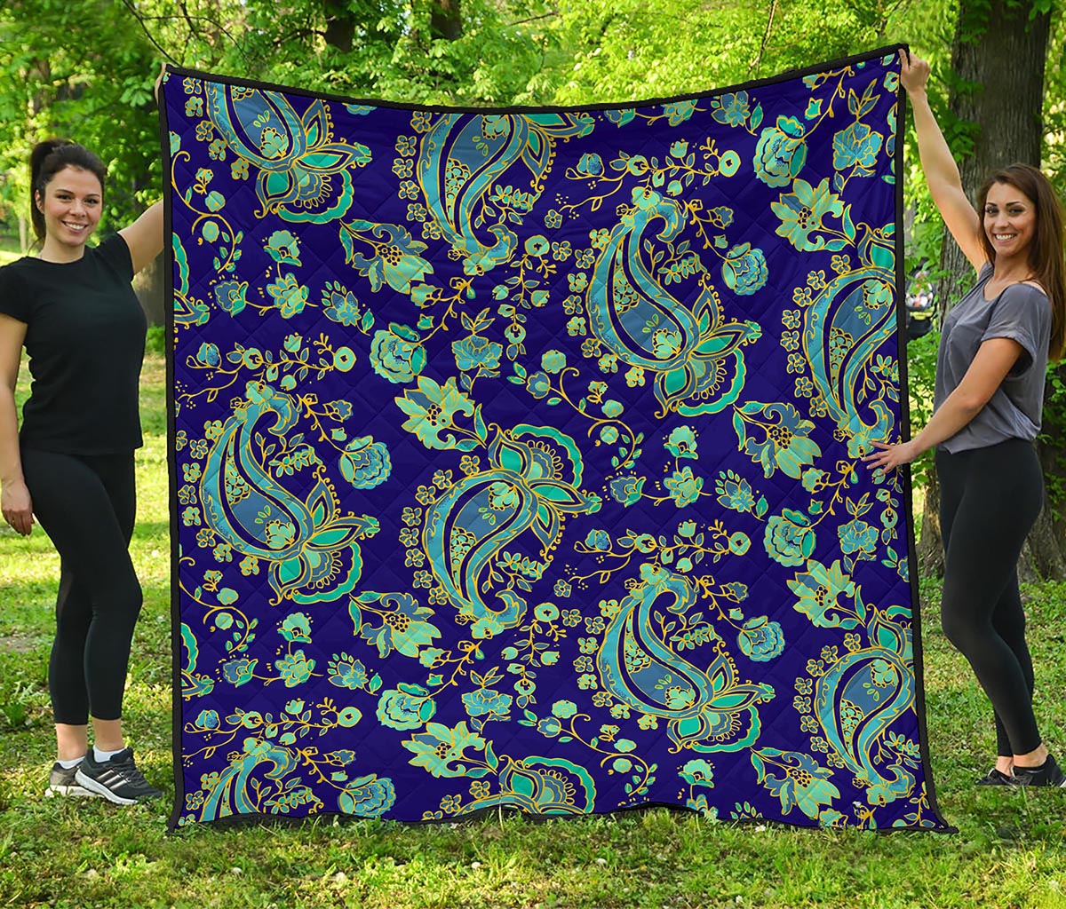 Blue Bohemian Paisley Pattern Print Quilt