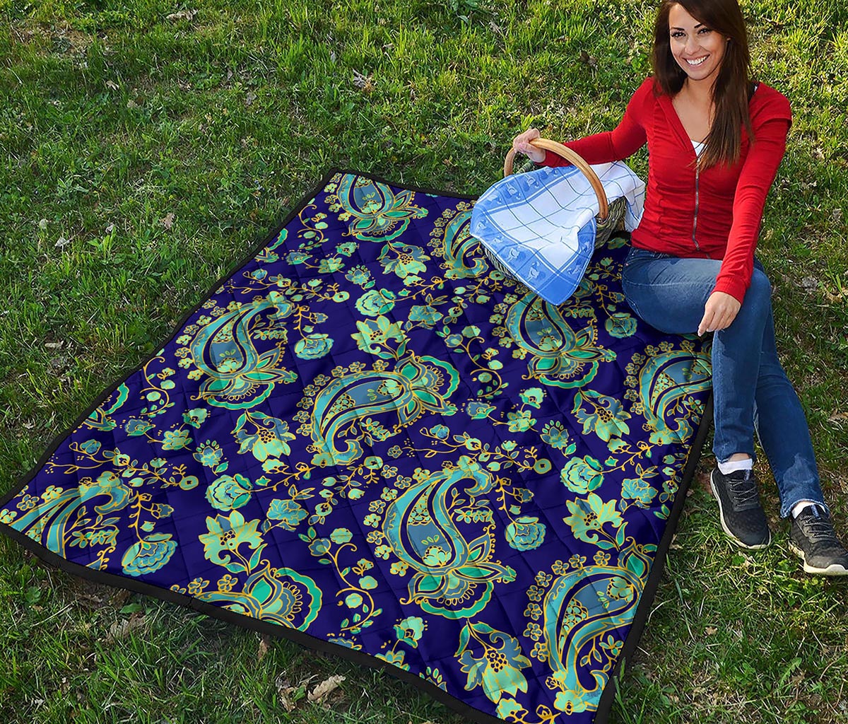 Blue Bohemian Paisley Pattern Print Quilt