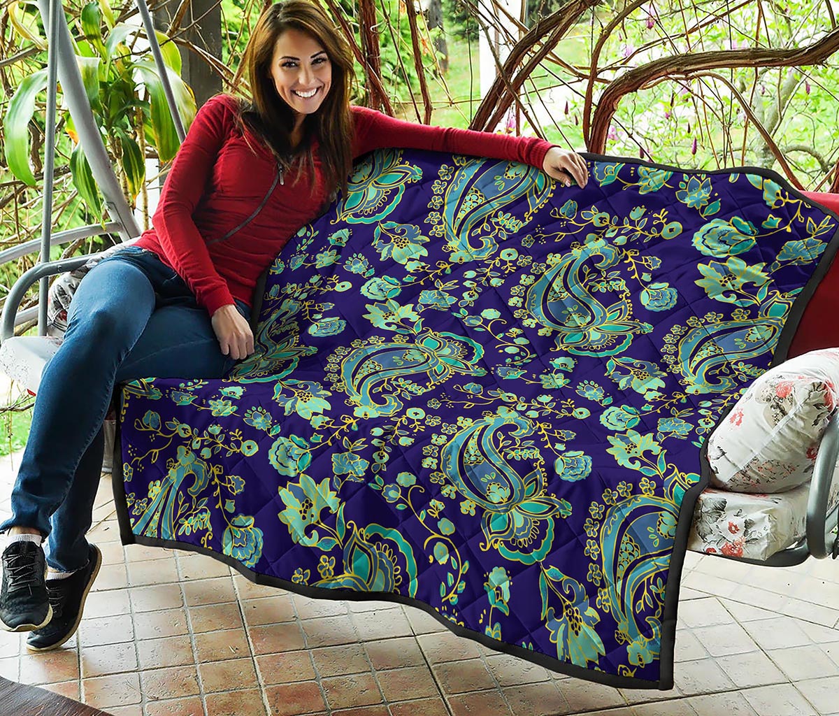 Blue Bohemian Paisley Pattern Print Quilt