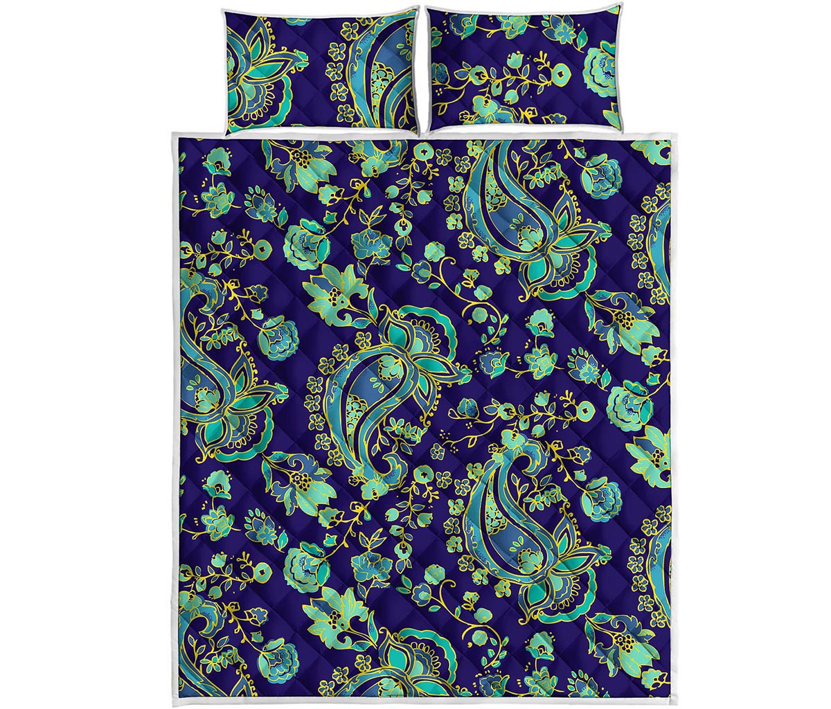 Blue Bohemian Paisley Pattern Print Quilt Bed Set