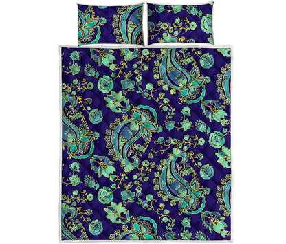 Blue Bohemian Paisley Pattern Print Quilt Bed Set