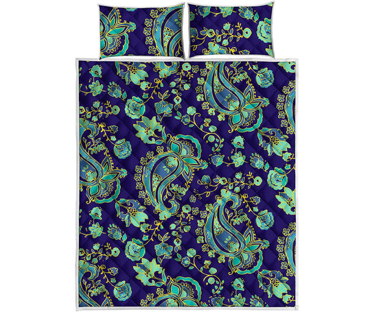 Blue Bohemian Paisley Pattern Print Quilt Bed Set