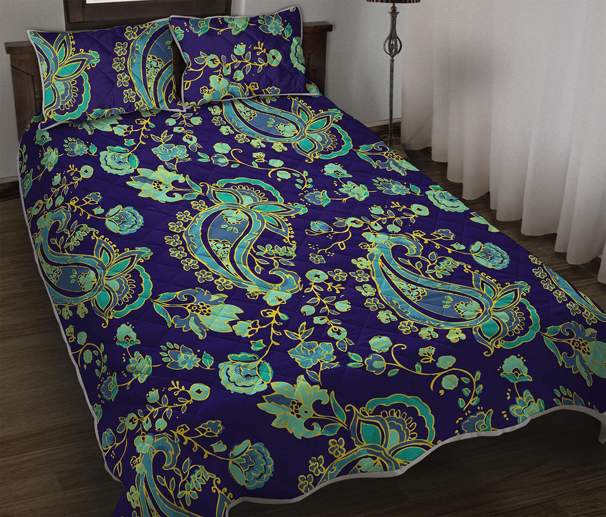 Blue Bohemian Paisley Pattern Print Quilt Bed Set