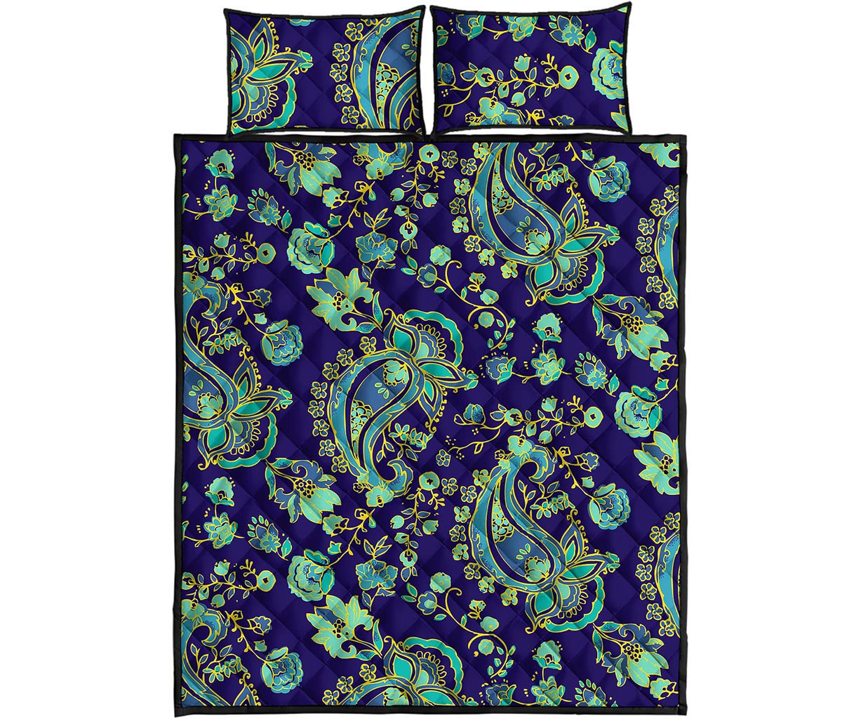 Blue Bohemian Paisley Pattern Print Quilt Bed Set