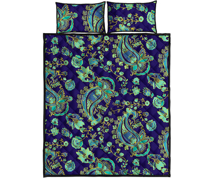 Blue Bohemian Paisley Pattern Print Quilt Bed Set
