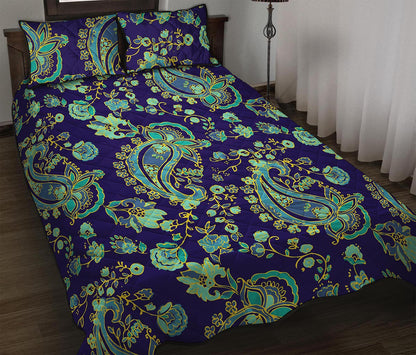 Blue Bohemian Paisley Pattern Print Quilt Bed Set