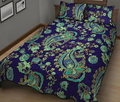 Blue Bohemian Paisley Pattern Print Quilt Bed Set