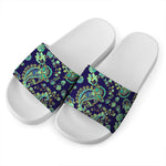 Blue Bohemian Paisley Pattern Print White Slide Sandals