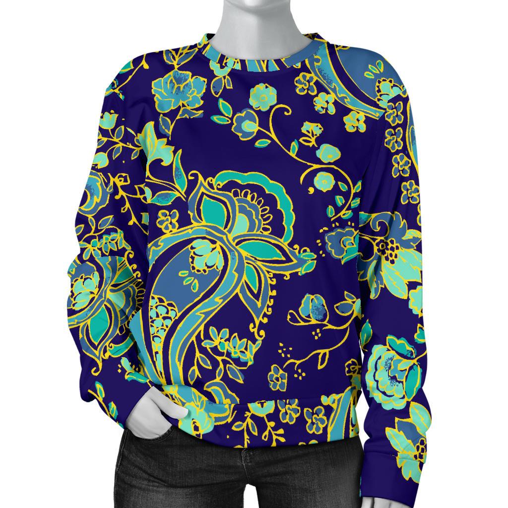 Blue Bohemian Paisley Pattern Print Women's Crewneck Sweatshirt GearFrost