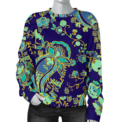 Blue Bohemian Paisley Pattern Print Women's Crewneck Sweatshirt GearFrost