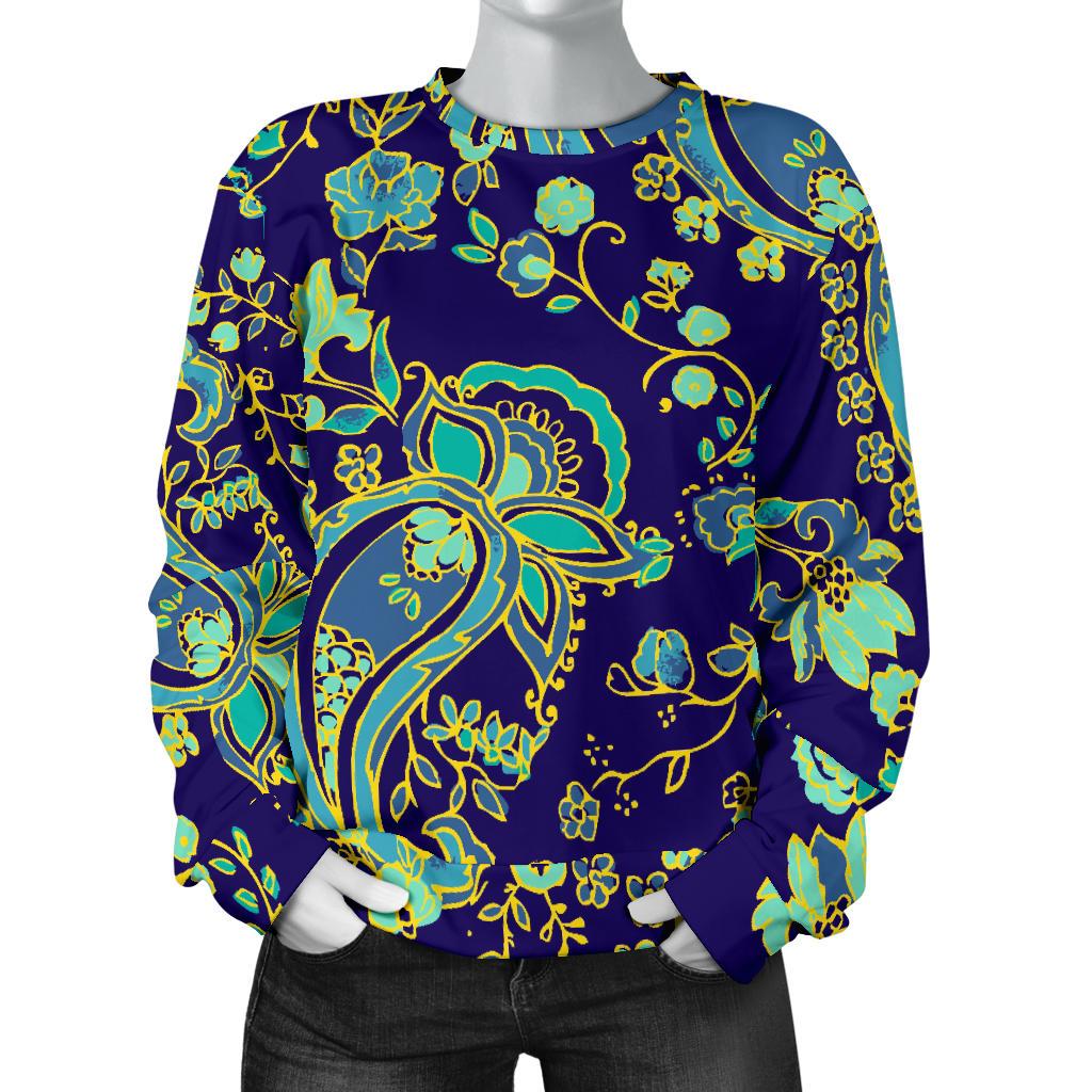 Blue Bohemian Paisley Pattern Print Women's Crewneck Sweatshirt GearFrost