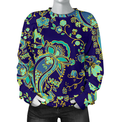 Blue Bohemian Paisley Pattern Print Women's Crewneck Sweatshirt GearFrost