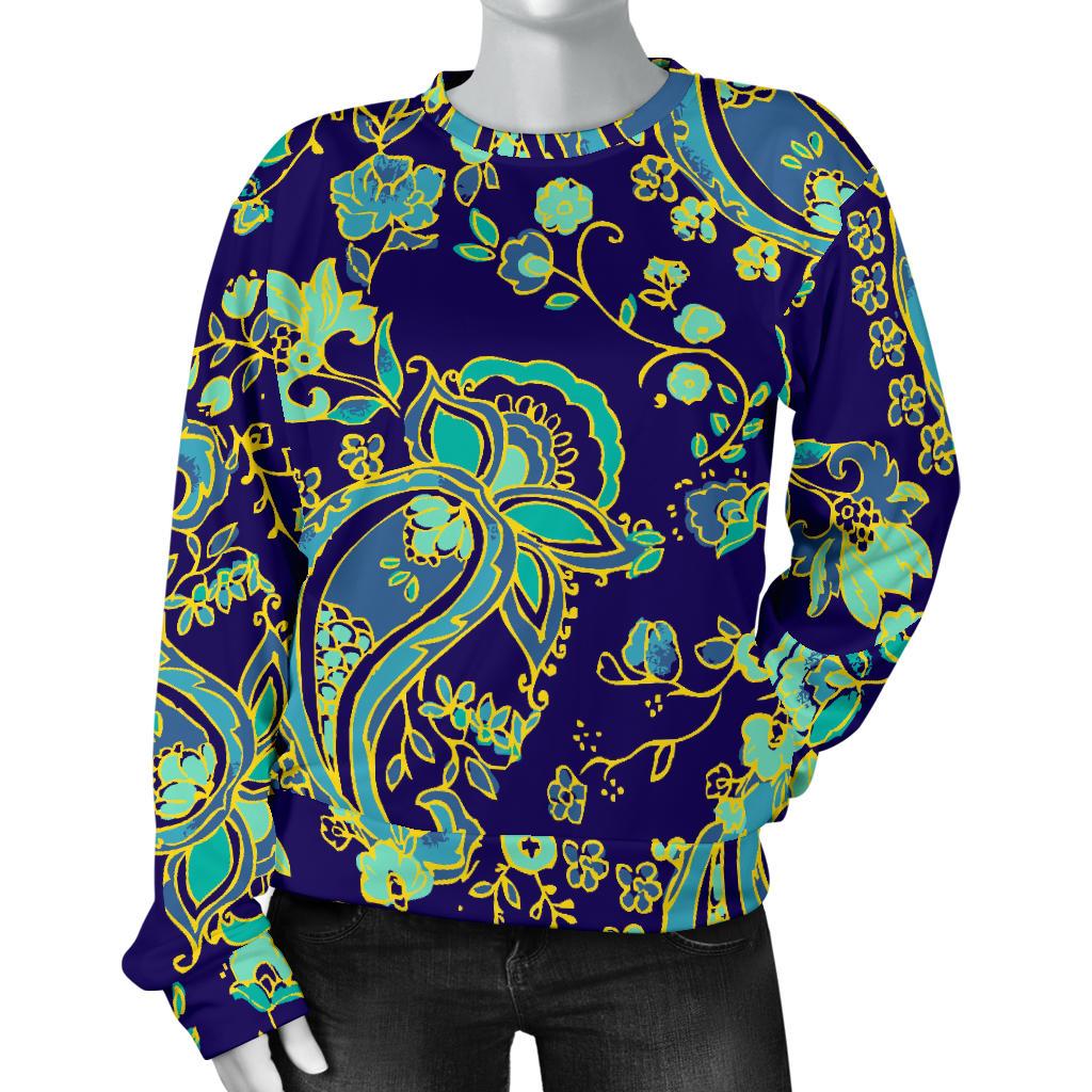 Blue Bohemian Paisley Pattern Print Women's Crewneck Sweatshirt GearFrost