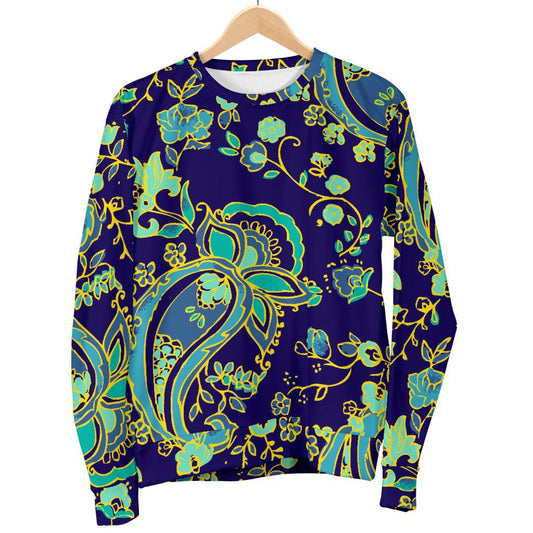 Blue Bohemian Paisley Pattern Print Women's Crewneck Sweatshirt GearFrost