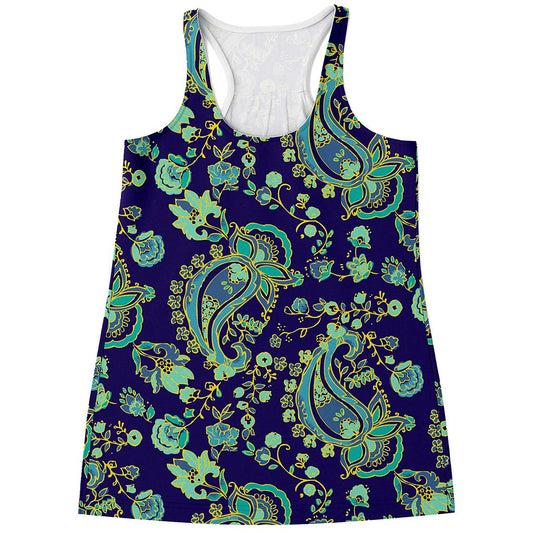 Blue Bohemian Paisley Pattern Print Women's Racerback Tank Top