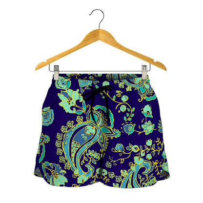 Blue Bohemian Paisley Pattern Print Women's Shorts