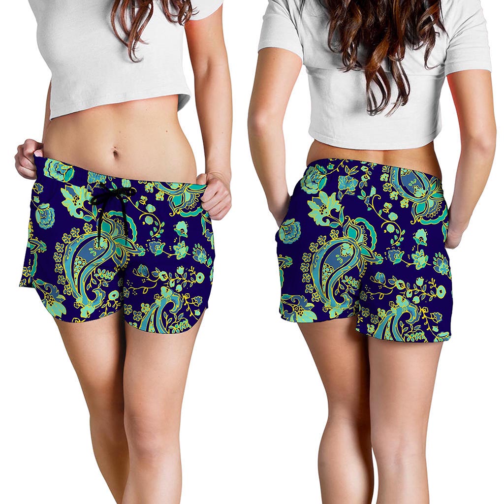 Blue Bohemian Paisley Pattern Print Women's Shorts