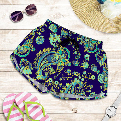 Blue Bohemian Paisley Pattern Print Women's Shorts